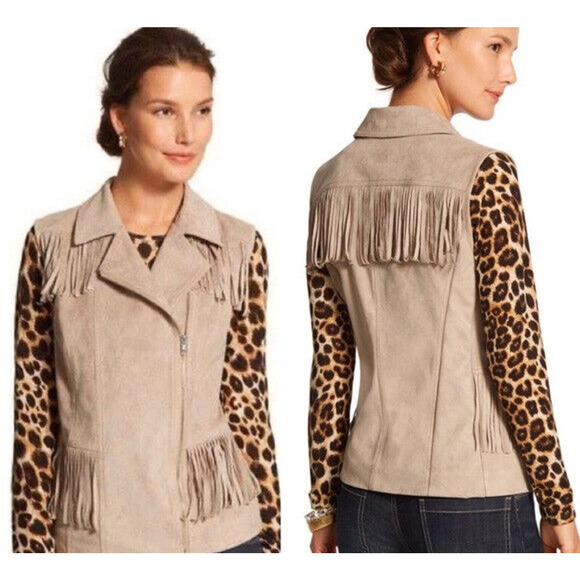 Chico's Jackets & Blazers - Chico’s Faux Suede Fringe Vest Moto Zip Front Tan Brown Women's Size 2 Large 12